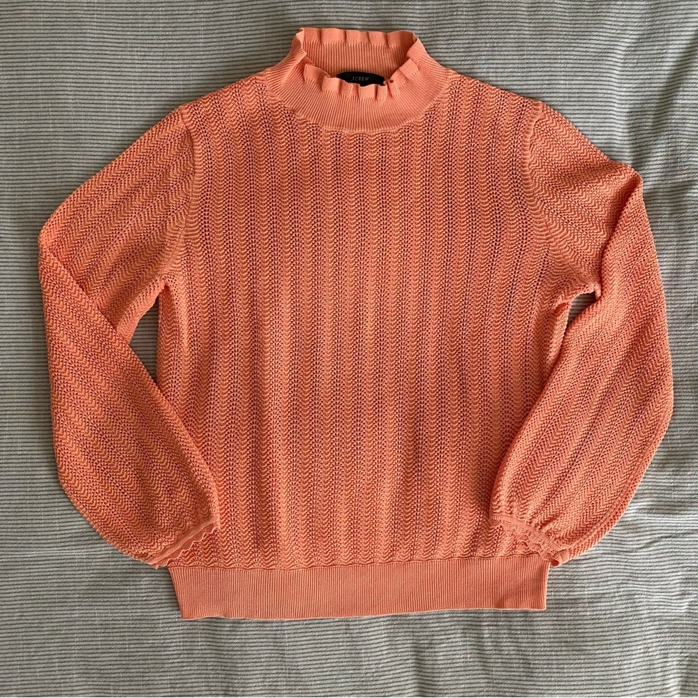 J. Crew Cotton Pointelle Ruffle Mock Neck Melon Orange Knit Sweater Size Small